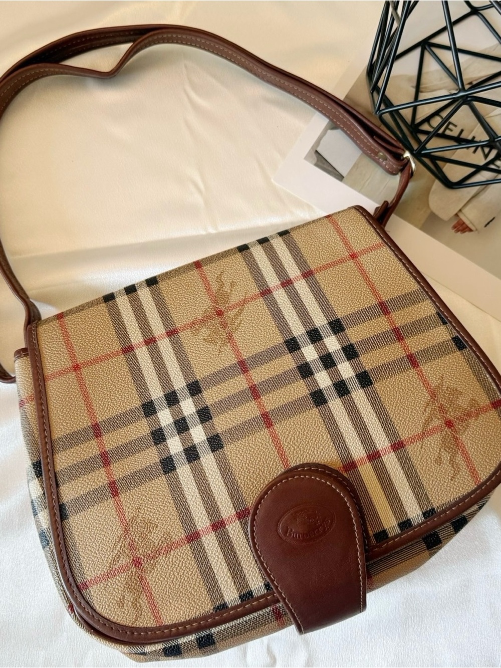 Burberry Beige Plaid Crossbody with Brown Leather Trim